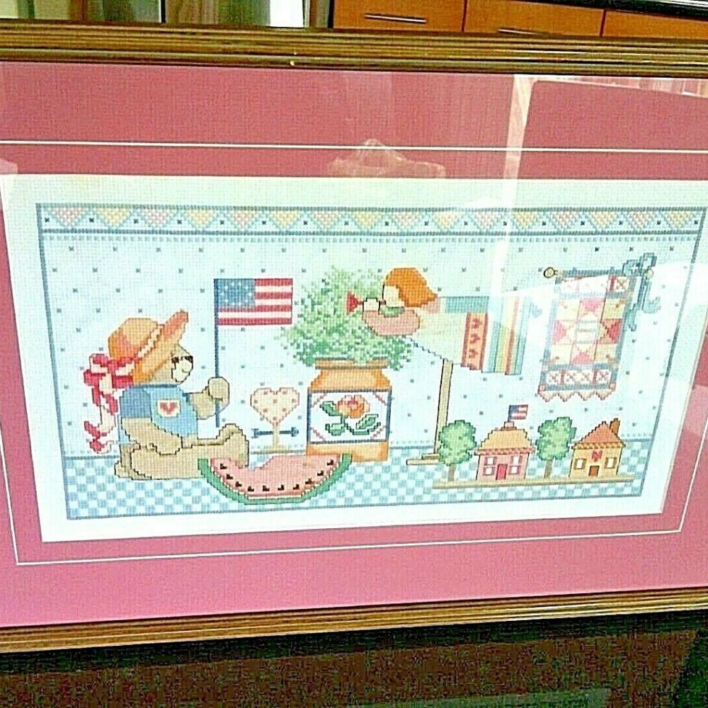 Teddy Bear Picture Cross Stitch Wall Hanging Baby’s Nursery Pink Kids Room Flag